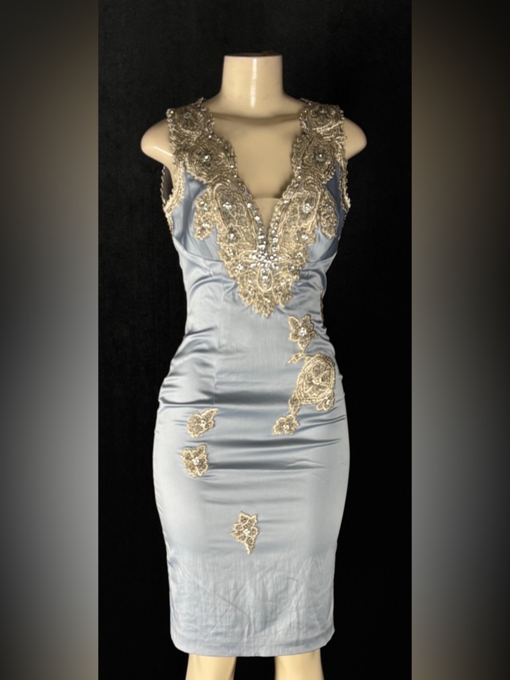 Light Blue Midi Dress with Gold Beaded Embellishment